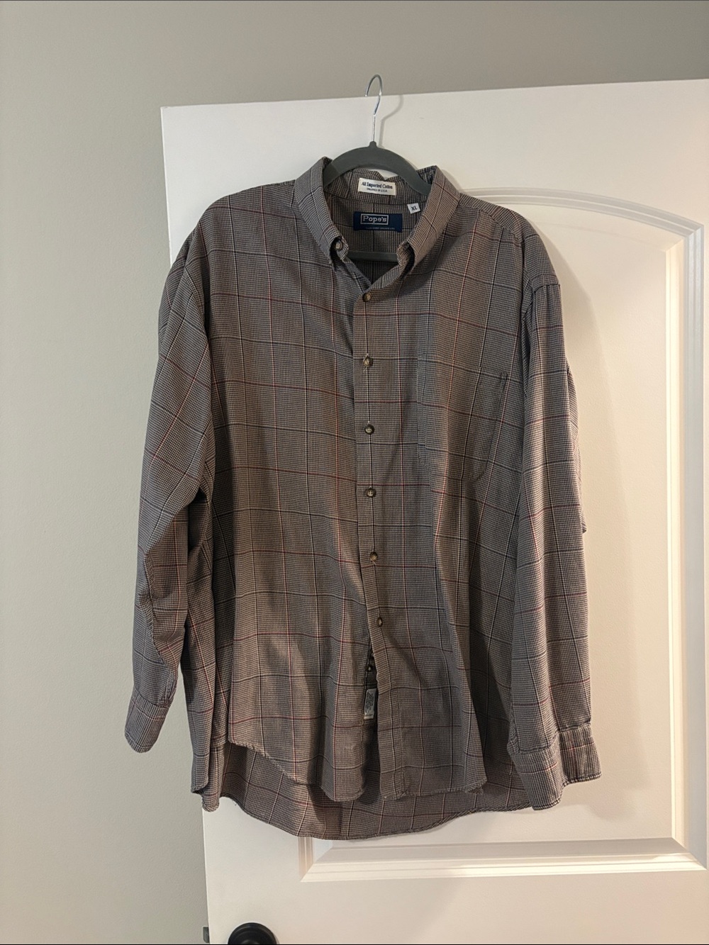 Men’s Gray Plaid Button-Down Shirt with Red Windowpane